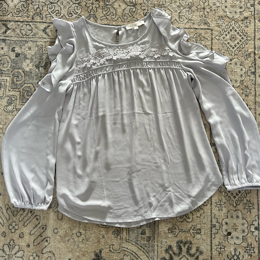 LOFT Light Gray Blouse with Lace and Ruffles